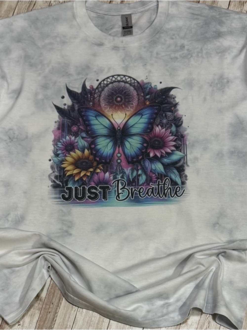 Hand dyed Gray 'Just Breathe' Butterfly Tee Shirt